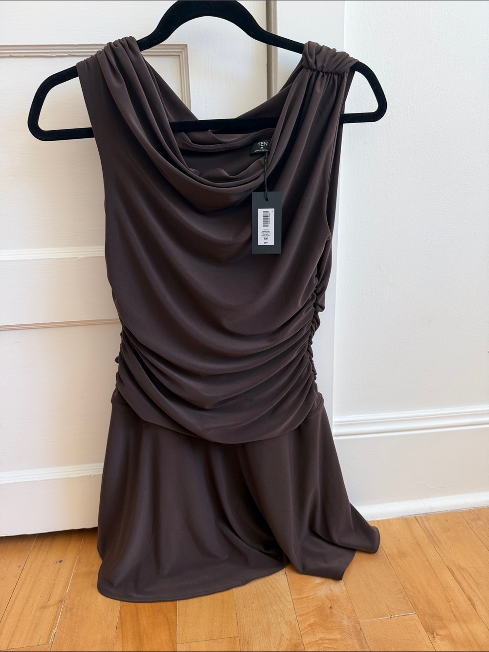 Sleeveless Draped Ruched Brown Dress